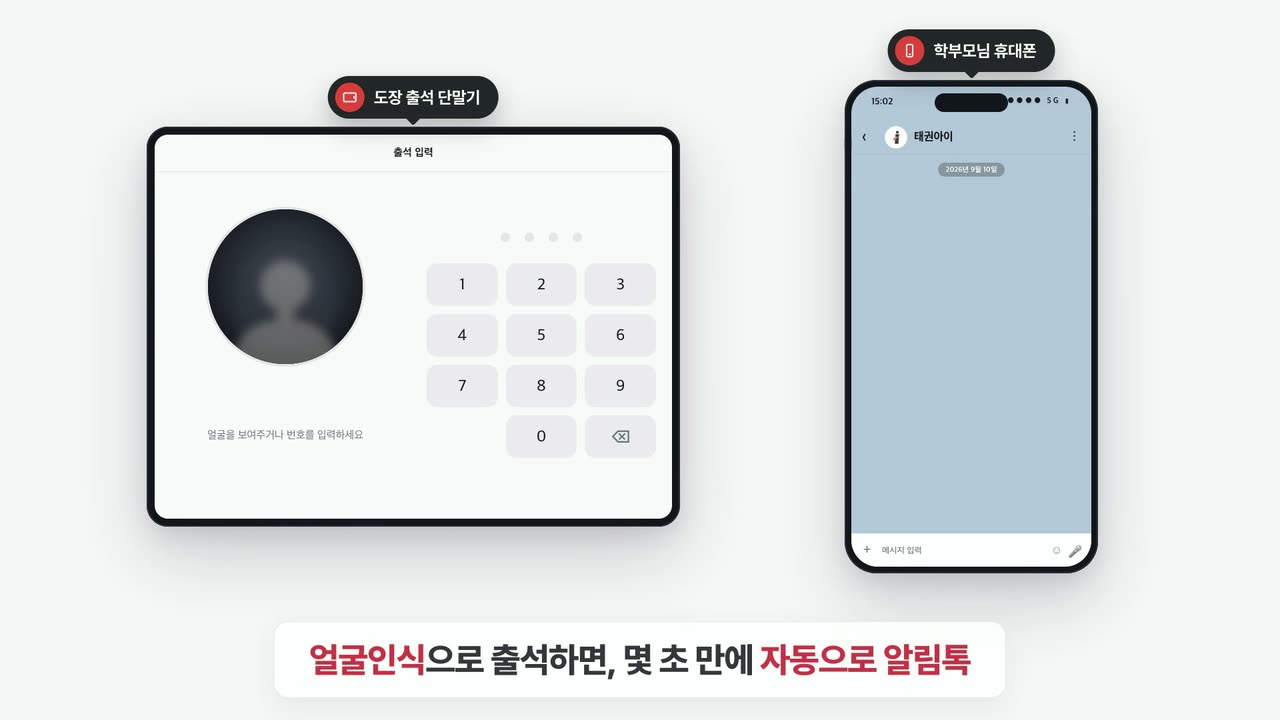 얼굴을 인식해 출석하면 학부모 휴대폰으로 알림톡이 도착하는 화면